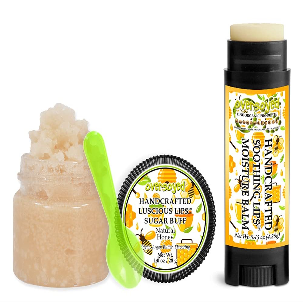 Natural Honey Soothing & Luscious Lips by OverSoyed Exfoliator & Chapped Lip Repair Lip Care Combo | Artisan Handcrafted to Order Sticky Sweet Honey Lemon Orange Berry Floral Spice Flavored Exfoliating Sugar Lip Scrub & Lip Moisturizer Balm Gift Set