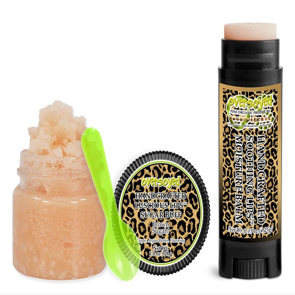 Brown Sugah! Soothing & Luscious Lips by OverSoyed Exfoliator & Chapped Lip Repair Lip Care Combo | Artisan Handcrafted to Order Caramel Molasses Sugar Sweet Cream Vanilla Flavored Exfoliating Sugar Lip Scrub & Lip Moisturizer Balm Gift Set
