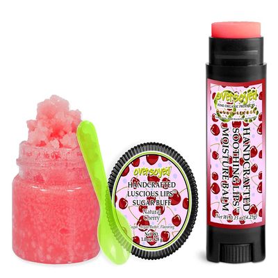 Natural Cherry Soothing & Luscious Lips by OverSoyed Exfoliator & Chapped Lip Repair Lip Care Combo | Artisan Handcrafted to Order Wild Red Cherry Sandalwood Spice Flavored Exfoliating Sugar Lip Scrub & Lip Moisturizer Balm Gift Set