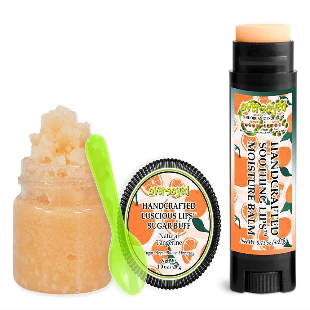 Natural Tangerine Soothing & Luscious Lips by OverSoyed Exfoliator & Chapped Lip Repair Lip Care Combo | Artisan Handcrafted to Order Mouthwatering Tangerine Mandarin Orange Herbal Flavored Exfoliating Sugar Lip Scrub & Lip Moisturizer Balm Gift Set