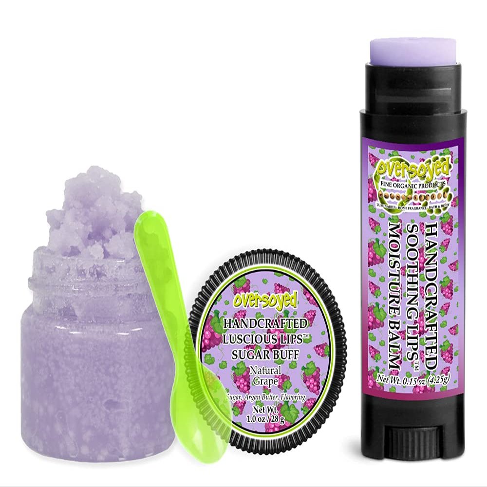 Natural Grape Soothing & Luscious Lips by OverSoyed Exfoliator & Chapped Lip Repair Lip Care Combo | Artisan Handcrafted to Order Tart Juicy Muscadine Grape Lime Lemon Flavored Exfoliating Sugar Lip Scrub & Lip Moisturizer Balm Gift Set