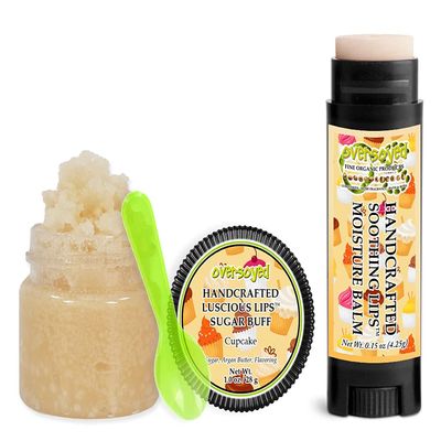 Cupcake Soothing & Luscious Lips by OverSoyed Exfoliator & Chapped Lip Repair Lip Care Combo | Artisan Handcrafted to Order Creamy Buttery Frosting Vanilla Sugar Anise Flavored Exfoliating Sugar Lip Scrub & Lip Moisturizer Balm Gift Set