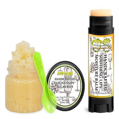 Chardonnay Soothing & Luscious Lips by OverSoyed Exfoliator & Chapped Lip Repair Lip Care Combo | Artisan Handcrafted to Order Citrusy White Grape Floral Jasmine Herbal Vanilla Flavored Exfoliating Sugar Lip Scrub & Lip Moisturizer Balm Gift Set