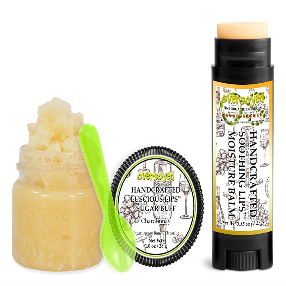 Chardonnay Soothing & Luscious Lips by OverSoyed Exfoliator & Chapped Lip Repair Lip Care Combo | Artisan Handcrafted to Order Citrusy White Grape Floral Jasmine Herbal Vanilla Flavored Exfoliating Sugar Lip Scrub & Lip Moisturizer Balm Gift Set