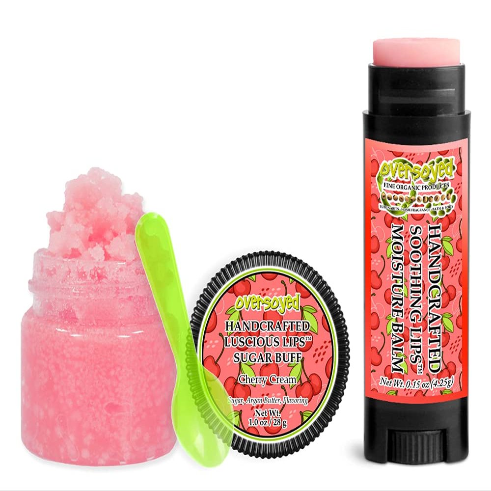 Cherry Cream Soothing & Luscious Lips by OverSoyed Exfoliator & Chapped Lip Repair Lip Care Combo | Artisan Handcrafted to Order Dark Cherry Creamy Vanilla Flavored Exfoliating Sugar Lip Scrub & Lip Moisturizer Balm Gift Set