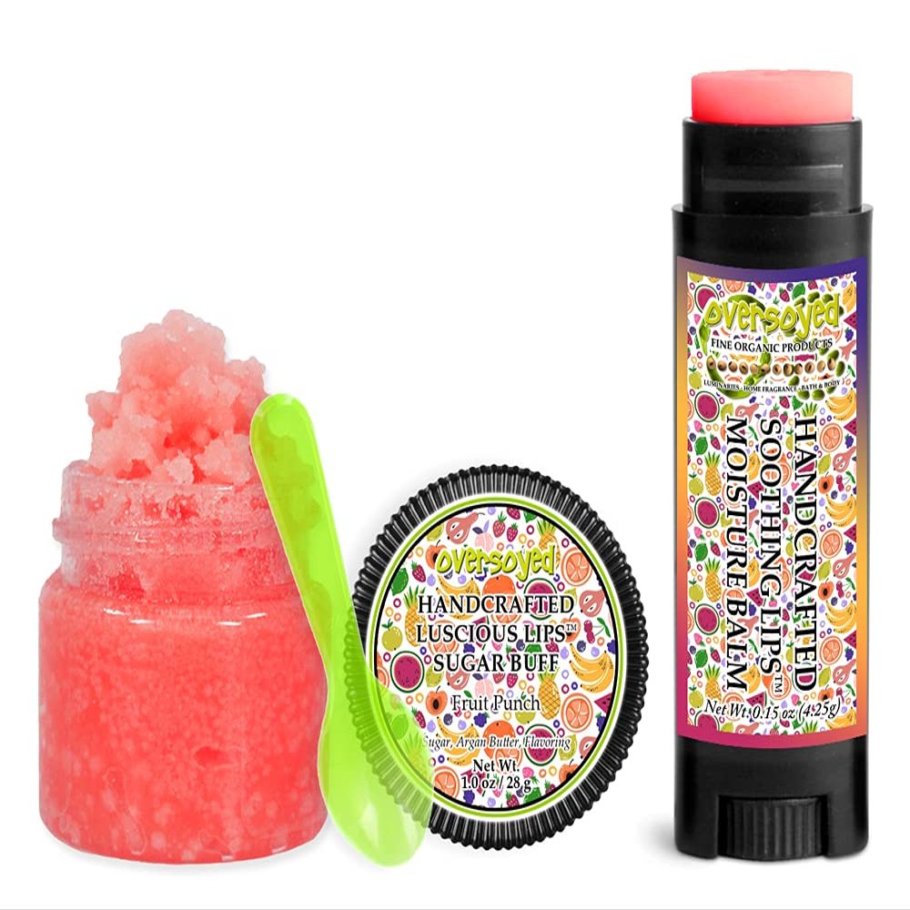 Fruit Punch Soothing & Luscious Lips by OverSoyed Exfoliator & Chapped Lip Repair Lip Care Combo | Artisan Handcrafted to Order Pineapple Papaya Mulberry Orange Cherry Tropical Flavored Exfoliating Sugar Lip Scrub & Lip Moisturizer Balm Gift Set