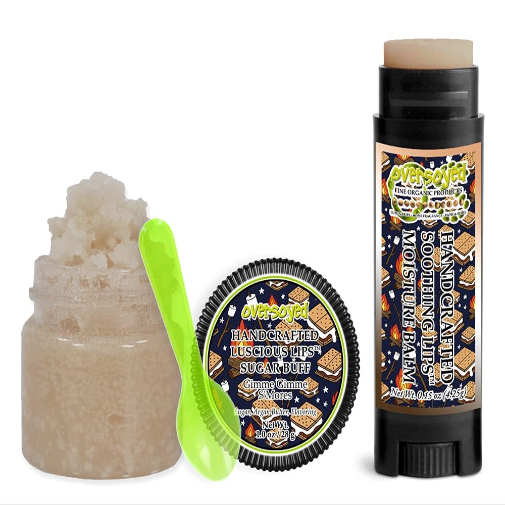 Gimme Gimme S'Mores Soothing & Luscious Lips by OverSoyed Exfoliator & Chapped Lip Repair Lip Care Combo | Artisan Handcrafted to Order Toasted Marshmallow Chocolate Graham Cracker Flavored Exfoliating Sugar Lip Scrub & Lip Moisturizer Balm Gift Set