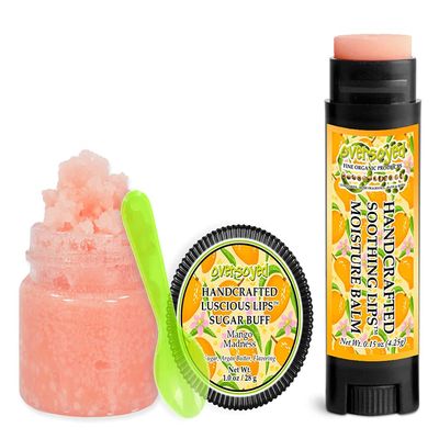 Mango Madness Soothing & Luscious Lips by OverSoyed Exfoliator & Chapped Lip Repair Lip Care Combo | Artisan Handcrafted to Order Tropical Citrus Sweet Mango Flavored Exfoliating Sugar Lip Scrub & Lip Moisturizer Balm Gift Set