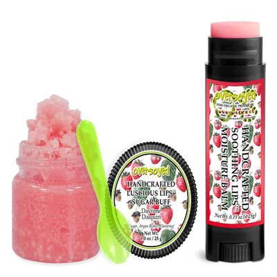 Daytime Daiquiri Soothing & Luscious Lips by OverSoyed Exfoliator & Chapped Lip Repair Lip Care Combo | Artisan Handcrafted to Order Frosty Strawberry Citrus Flavored Exfoliating Sugar Lip Scrub & Lip Moisturizer Balm Gift Set