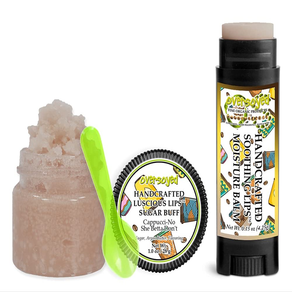Cappucci-No She Betta Don't Soothing & Luscious Lips by OverSoyed Exfoliator & Chapped Lip Repair Lip Care Combo | Artisan Handcrafted to Order Roasted Esspresso Hazelnut Vanilla Flavored Exfoliating Sugar Lip Scrub & Lip Moisturizer Balm Gift Set