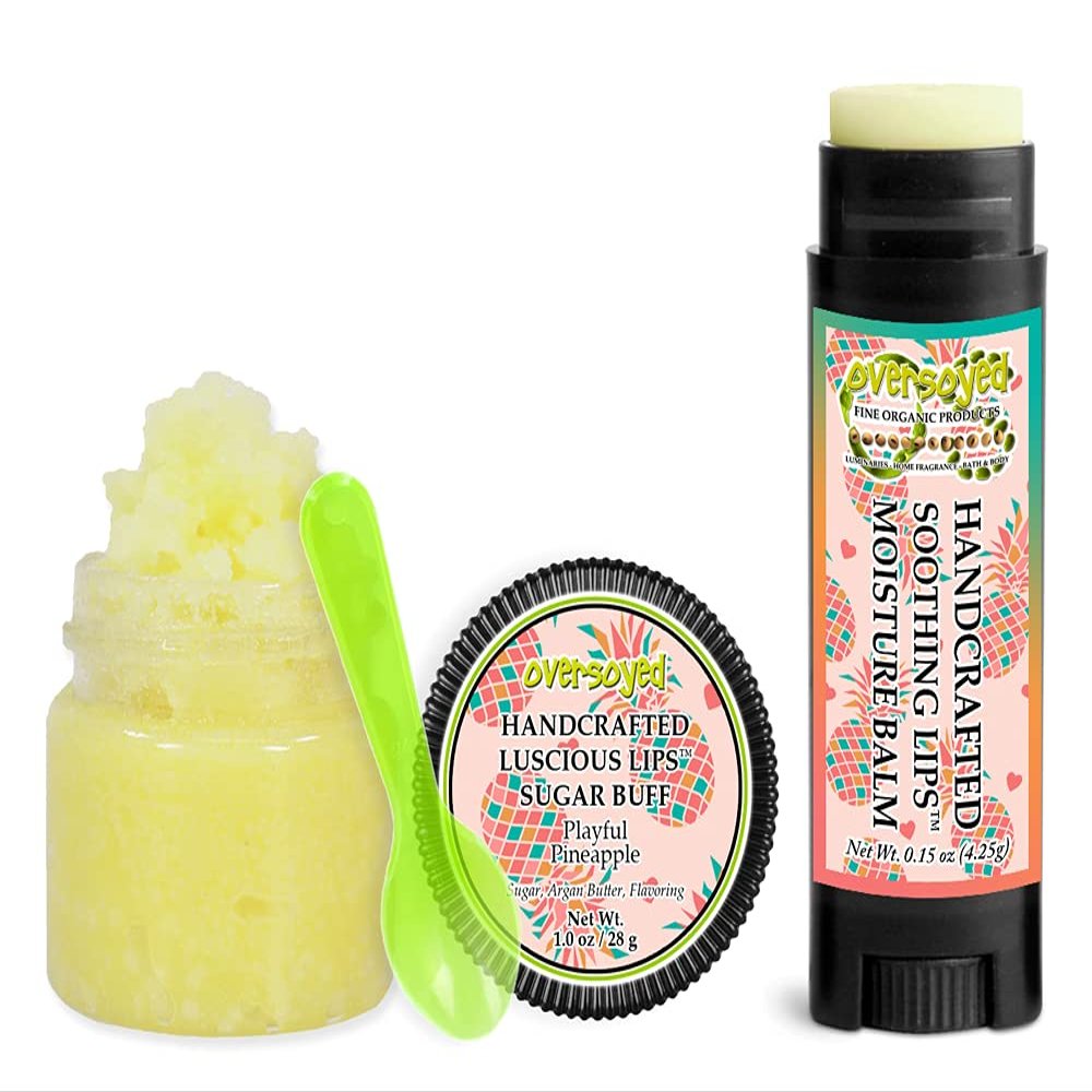 Playful Pineapple Soothing & Luscious Lips by OverSoyed Exfoliator & Chapped Lip Repair Lip Care Combo | Artisan Handcrafted to Order Pineapple Grapefruit Orange Sweet Sugary Flavored Exfoliating Sugar Lip Scrub & Lip Moisturizer Balm Gift Set