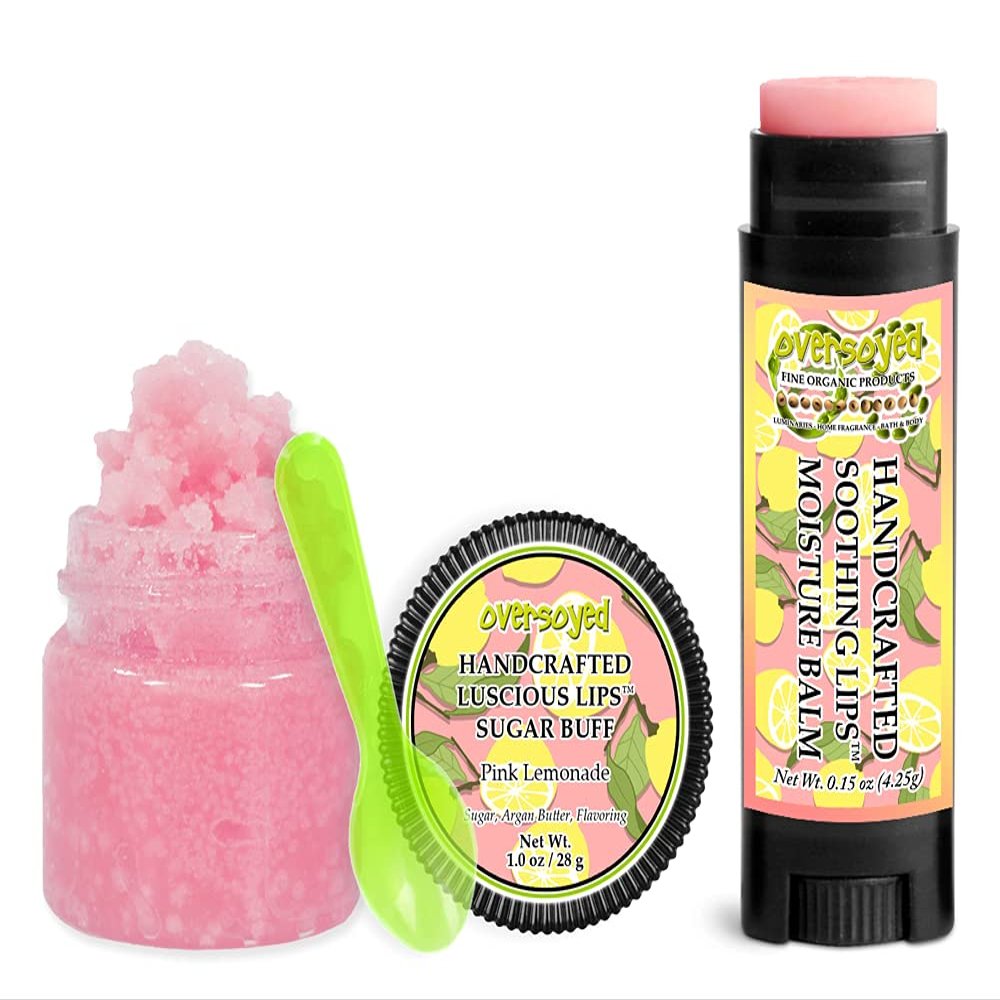 Pink Lemonade Soothing & Luscious Lips by OverSoyed Exfoliator & Chapped Lip Repair Lip Care Combo | Artisan Handcrafted to Order Refreshing Juicy Tart Lemon Lime Sugary Flavored Exfoliating Sugar Lip Scrub & Lip Moisturizer Balm Gift Set