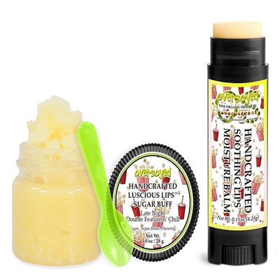 Late Night Double Feature n' Chill Soothing & Luscious Lips by OverSoyed Exfoliator & Chapped Lip Repair Lip Care Combo | Artisan Handcrafted to Order Sweet Buttery Salty Popcorn Flavored Exfoliating Sugar Lip Scrub & Lip Moisturizer Balm Gift Set
