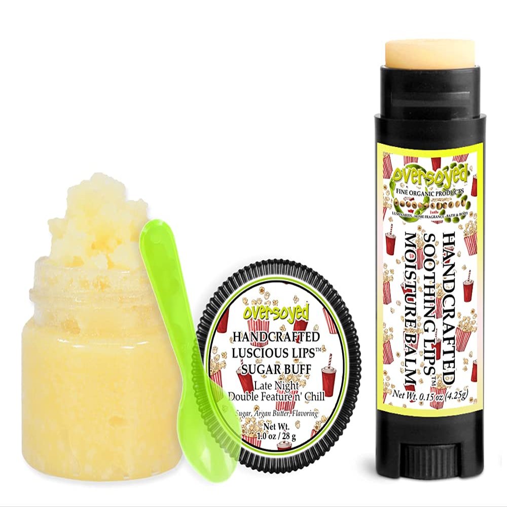 Late Night Double Feature n' Chill Soothing & Luscious Lips by OverSoyed Exfoliator & Chapped Lip Repair Lip Care Combo | Artisan Handcrafted to Order Sweet Buttery Salty Popcorn Flavored Exfoliating Sugar Lip Scrub & Lip Moisturizer Balm Gift Set