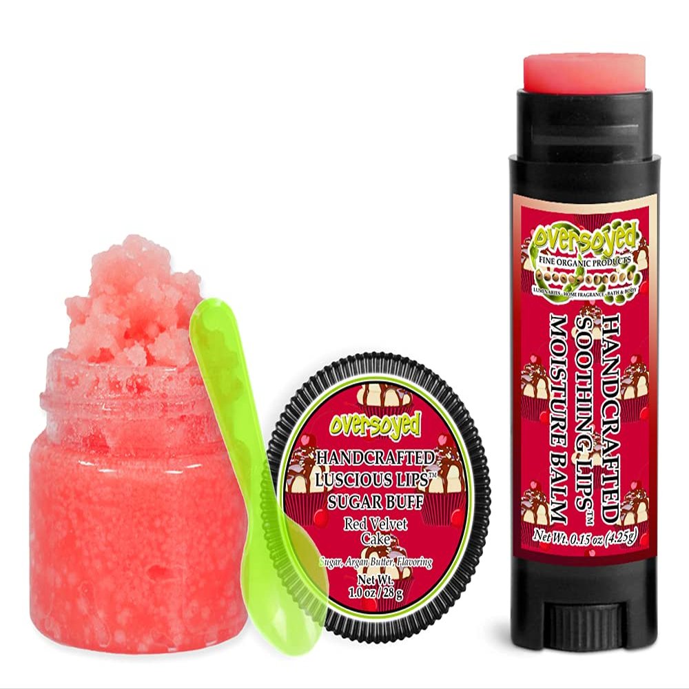Red Velvet Cake Soothing & Luscious Lips by OverSoyed Exfoliator & Chapped Lip Repair Lip Care Combo | Artisan Handcrafted to Order Moist Chocolate Cake Vanilla Sugary Frosting Flavored Exfoliating Sugar Lip Scrub & Lip Moisturizer Balm Gift Set