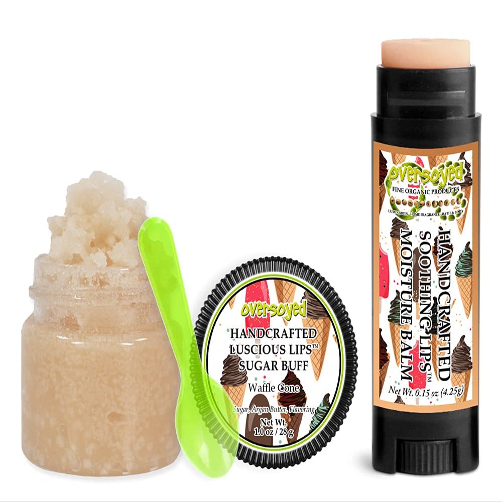 Waffle Cone Soothing & Luscious Lips by OverSoyed Exfoliator & Chapped Lip Repair Lip Care Combo | Artisan Handcrafted to Order Crispy Waffle Buttercream Cinnamon Burnt Caramel Flavored Exfoliating Sugar Lip Scrub & Lip Moisturizer Balm Gift Set