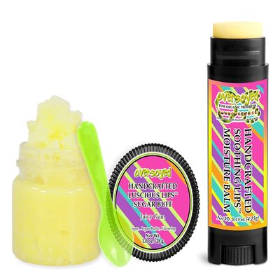 Juicy Gum Soothing & Luscious Lips by OverSoyed Exfoliator & Chapped Lip Repair Lip Care Combo | Artisan Handcrafted to Order Fruity Orange Lemon Pineapple Banana Cinnamon Mint Flavored Exfoliating Sugar Lip Scrub & Lip Moisturizer Balm Gift Set