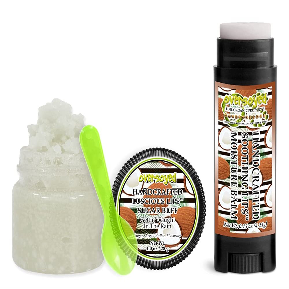 Gettin' Caught In The Rain Soothing & Luscious Lips by OverSoyed Exfoliator & Chapped Lip Repair Lip Care Combo | Artisan Handcrafted to Order Pina Colada Pineapple Coconut Cherry Flavored Exfoliating Sugar Lip Scrub & Lip Moisturizer Balm Gift Set