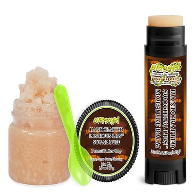 Peanut Butter Cup Soothing & Luscious Lips by OverSoyed Exfoliator & Chapped Lip Repair Lip Care Combo | Artisan Handcrafted to Order Chocolate Sugary Maple Caramel Peanut Butter Flavored Exfoliating Sugar Lip Scrub & Lip Moisturizer Balm Gift Set