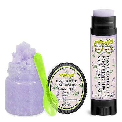 Lavender Vanilla Soothing & Luscious Lips by OverSoyed Exfoliator & Chapped Lip Repair Lip Care Combo | Artisan Handcrafted to Order Floral Lavender Herbal Geranium Wooody Vanilla Flavored Exfoliating Sugar Lip Scrub & Lip Moisturizer Balm Gift Set