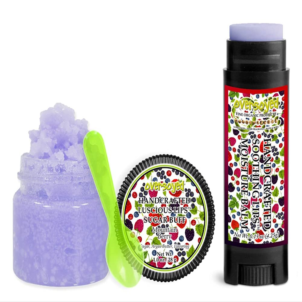 Mountain Berry Soothing & Luscious Lips by OverSoyed Exfoliator & Chapped Lip Repair Lip Care Combo | Artisan Handcrafted to Order Fruity Berries Strawberry Blackberry Raspberry Flavored Exfoliating Sugar Lip Scrub & Lip Moisturizer Balm Gift Set