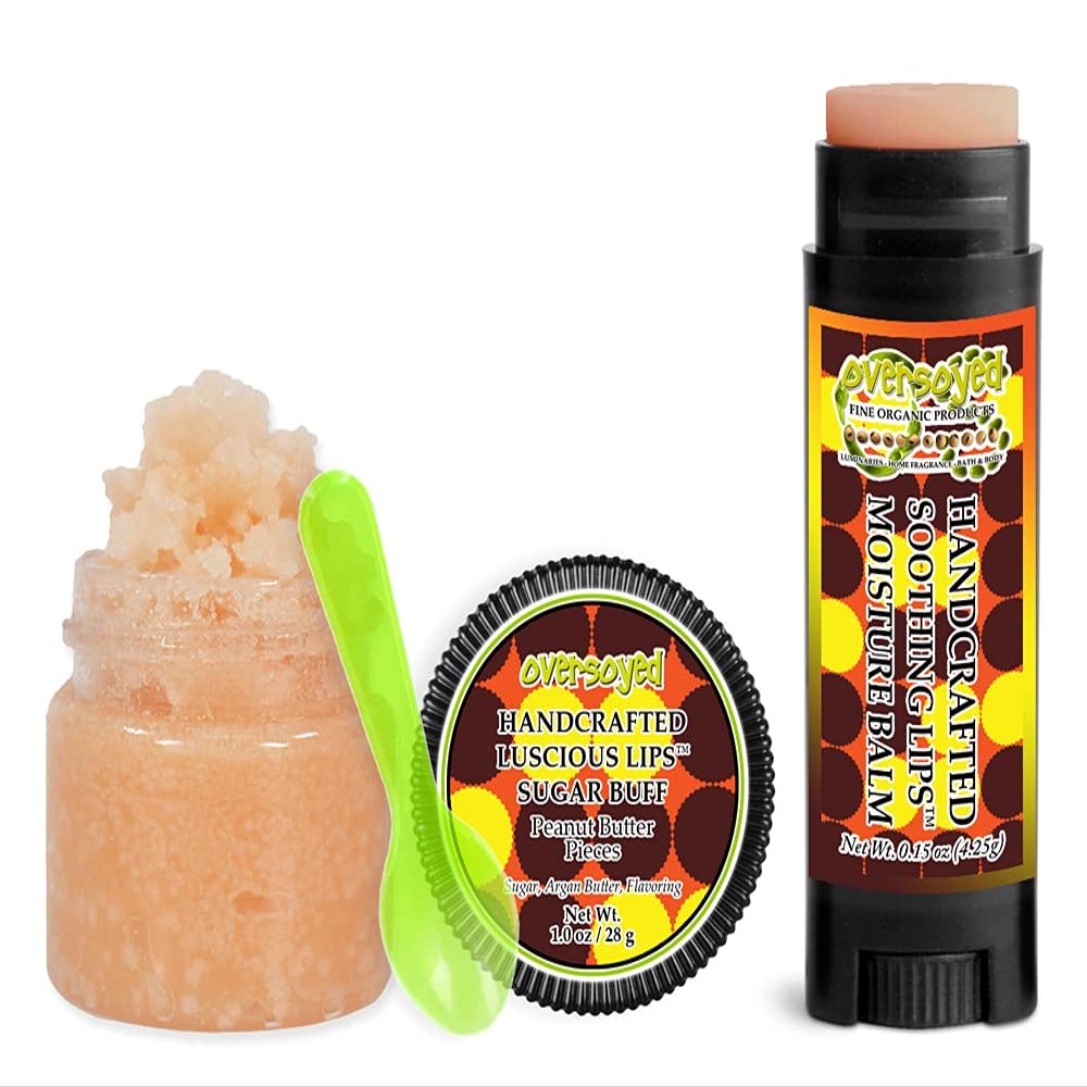 Peanut Butter Pieces Soothing & Luscious Lips by OverSoyed Exfoliator & Chapped Lip Repair Lip Care Combo | Artisan Handcrafted to Order Peanut Butter Vanilla Sugar Flavored Exfoliating Sugar Lip Scrub & Lip Moisturizer Balm Gift Set
