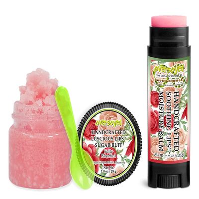 Fully Bloomed Soothing & Luscious Lips by OverSoyed Exfoliator & Chapped Lip Repair Lip Care Combo | Artisan Handcrafted to Order Rose Petal Woody Greenness Flavored Exfoliating Sugar Lip Scrub & Lip Moisturizer Balm Gift Set