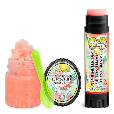 Mai Tai Punch Soothing & Luscious Lips by OverSoyed Exfoliator & Chapped Lip Repair Lip Care Combo | Artisan Handcrafted to Order Tropical Pineapple Grapefruit Orange Lime Mango Flavored Exfoliating Sugar Lip Scrub & Lip Moisturizer Balm Gift Set