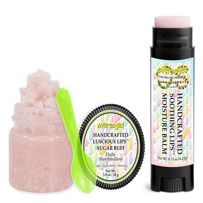 Fluffy Marshmallow Soothing & Luscious Lips by OverSoyed Exfoliator & Chapped Lip Repair Lip Care Combo | Artisan Handcrafted to Order Fluffy Marshmallow Creamy Caramel Sweet Flavored Exfoliating Sugar Lip Scrub & Lip Moisturizer Balm Gift Set
