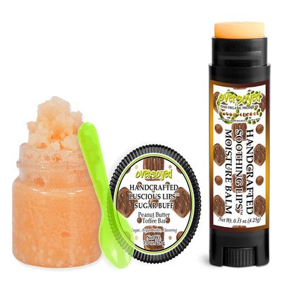 Peanut Butter Toffee Bar Soothing & Luscious Lips by OverSoyed Exfoliator & Chapped Lip Repair Lip Care Combo | Artisan Handcrafted to Order Crunchy Peanut Butter Toffee Chocolate Flavored Exfoliating Sugar Lip Scrub & Lip Moisturizer Balm Gift Set