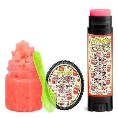 Jammin' Like Schmuckers Soothing & Luscious Lips by OverSoyed Exfoliator & Chapped Lip Repair Lip Care Combo | Artisan Handcrafted to Order Strawberry Jelly Sugar Sweet Lemon Flavored Exfoliating Sugar Lip Scrub & Lip Moisturizer Balm Gift Set