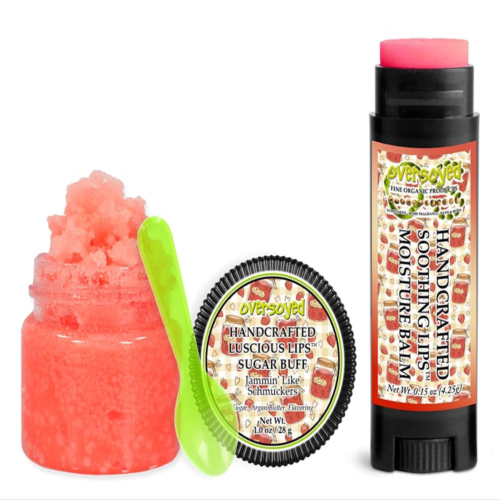 Jammin' Like Schmuckers Soothing & Luscious Lips by OverSoyed Exfoliator & Chapped Lip Repair Lip Care Combo | Artisan Handcrafted to Order Strawberry Jelly Sugar Sweet Lemon Flavored Exfoliating Sugar Lip Scrub & Lip Moisturizer Balm Gift Set