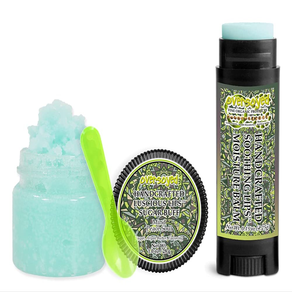 Mind Peace Soul Soothing & Luscious Lips by OverSoyed Exfoliator & Chapped Lip Repair Lip Care Combo | Artisan Handcrafted to Order Herbal Relaxing Woody Floral Musky Flavored Exfoliating Sugar Lip Scrub & Lip Moisturizer Balm Gift Set
