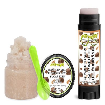 Joyful Candy Bar Soothing & Luscious Lips by OverSoyed Exfoliator & Chapped Lip Repair Lip Care Combo | Artisan Handcrafted to Order Milk Chocolate Coconut Almond Flavored Exfoliating Sugar Lip Scrub & Lip Moisturizer Balm Gift Set