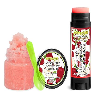 Red Delicious Soothing & Luscious Lips by OverSoyed Exfoliator & Chapped Lip Repair Lip Care Combo | Artisan Handcrafted to Order Sweet Red Apple Subtle Floral Herb Spearmint Flavored Exfoliating Sugar Lip Scrub & Lip Moisturizer Balm Gift Set