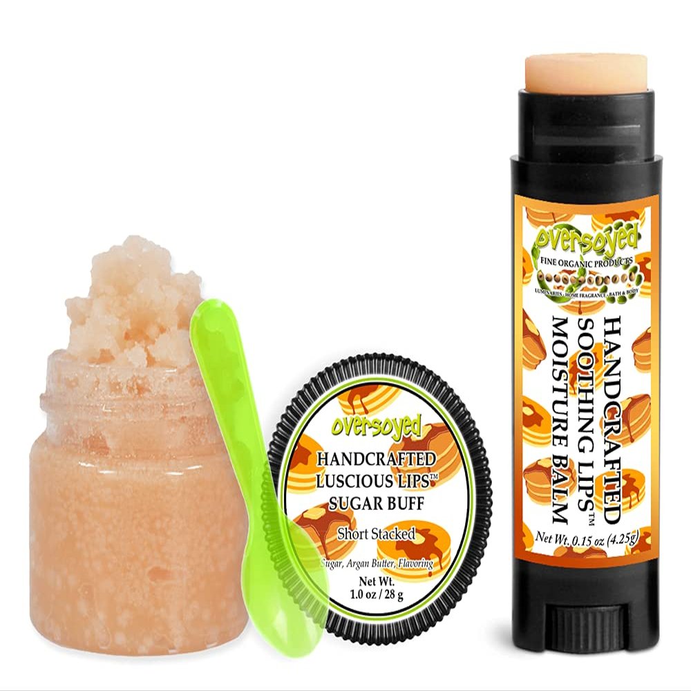 Short Stacked Soothing & Luscious Lips by OverSoyed Exfoliator & Chapped Lip Repair Lip Care Combo | Artisan Handcrafted to Order Sticky Sweet Maple Syrup Brown Sugar Vanilla Bean Flavored Exfoliating Sugar Lip Scrub & Lip Moisturizer Balm Gift Set