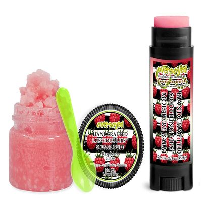 Raspberry Glaze Soothing & Luscious Lips by OverSoyed Exfoliator & Chapped Lip Repair Lip Care Combo | Artisan Handcrafted to Order Sweet Tart Raspberry Sugar Flavored Exfoliating Sugar Lip Scrub & Lip Moisturizer Balm Gift Set