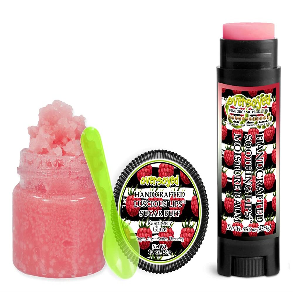 Raspberry Glaze Soothing & Luscious Lips by OverSoyed Exfoliator & Chapped Lip Repair Lip Care Combo | Artisan Handcrafted to Order Sweet Tart Raspberry Sugar Flavored Exfoliating Sugar Lip Scrub & Lip Moisturizer Balm Gift Set