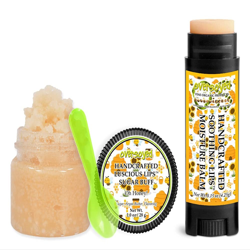 Oh Honey! Soothing & Luscious Lips by OverSoyed Exfoliator & Chapped Lip Repair Lip Care Combo | Artisan Handcrafted to Order Sweet Honey Floral Tupelo Flavored Exfoliating Sugar Lip Scrub & Lip Moisturizer Balm Gift Set