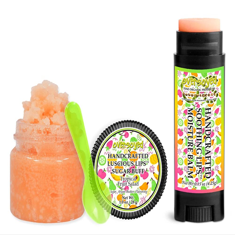 Tropical Fruit Salad Soothing & Luscious Lips by OverSoyed Exfoliator & Chapped Lip Repair Lip Care Combo | Artisan Handcrafted to Order Juicy Pineapple Grapefruit Red Papaya Floral Flavored Exfoliating Sugar Lip Scrub & Lip Moisturizer Balm Gift Set