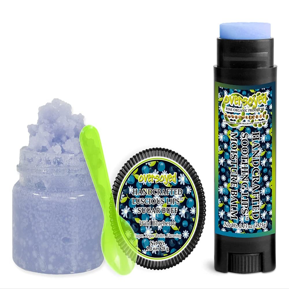 Wild Blueberry Soothing & Luscious Lips by OverSoyed Exfoliator & Chapped Lip Repair Lip Care Combo | Artisan Handcrafted to Order Wild Berry Sweet Raspberry Floral Jasmine Vanilla Flavored Exfoliating Sugar Lip Scrub & Lip Moisturizer Balm Gift Set