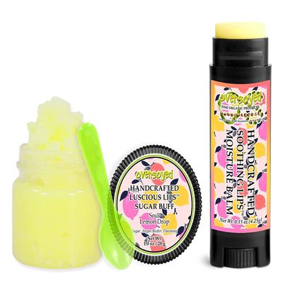 Sour Lemon Drop Soothing & Luscious Lips by OverSoyed Exfoliator & Chapped Lip Repair Lip Care Combo | Artisan Handcrafted to Order Tangy Citrus Sour Lemon Candy Lime Pineapple Flavored Exfoliating Sugar Lip Scrub & Lip Moisturizer Balm Gift Set