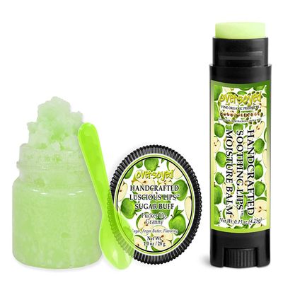 Pucker Up, Granny Soothing & Luscious Lips by OverSoyed Exfoliator & Chapped Lip Repair Lip Care Combo | Artisan Handcrafted to Order Sweet Green Apple Citrus Pear Floral Sugary Flavored Exfoliating Sugar Lip Scrub & Lip Moisturizer Balm Gift Set