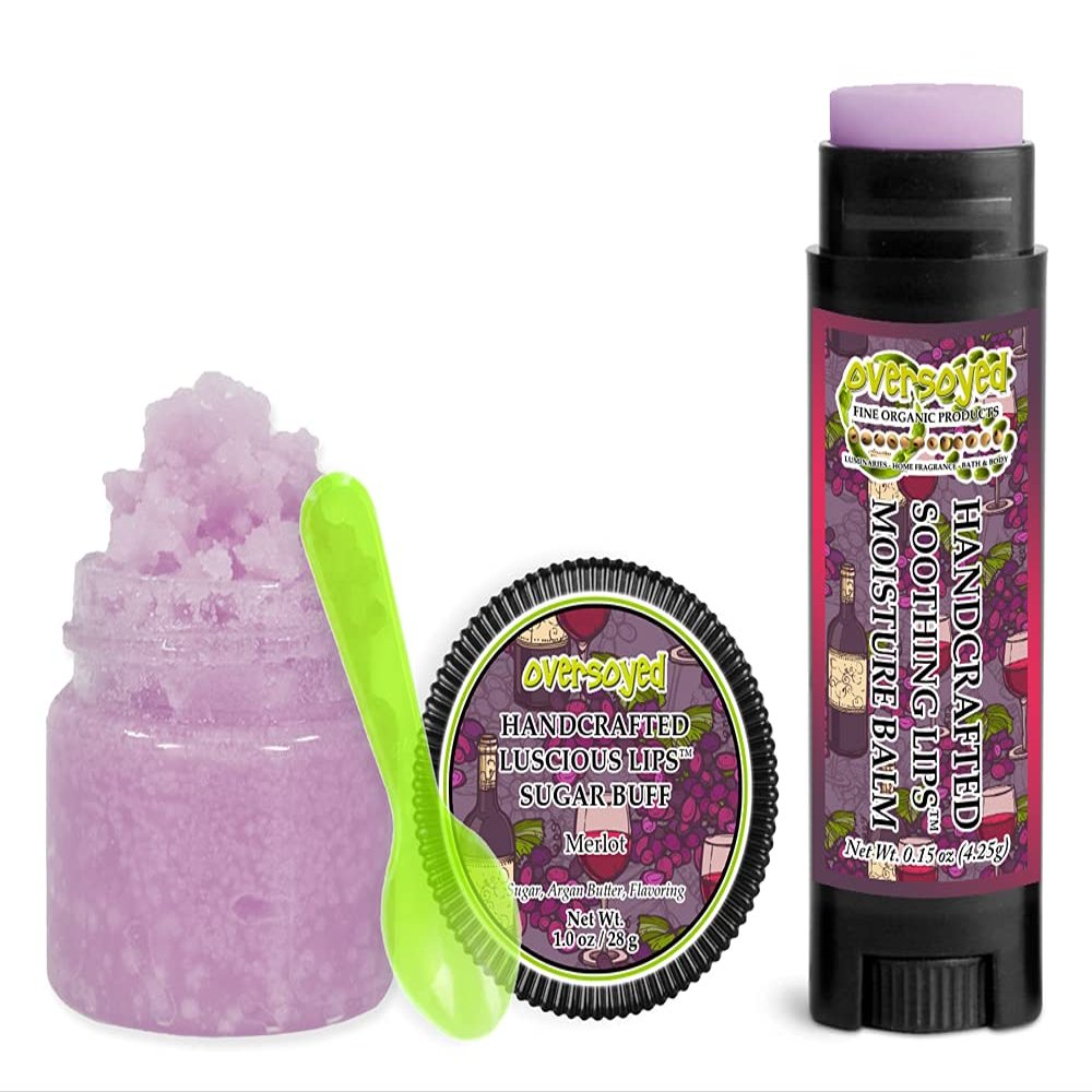 Merlot Soothing & Luscious Lips by OverSoyed Exfoliator & Chapped Lip Repair Lip Care Combo | Artisan Handcrafted to Order Wine Fruity Merlot Grape Wild Berries Raspberry Floral Flavored Exfoliating Sugar Lip Scrub & Lip Moisturizer Balm Gift Set
