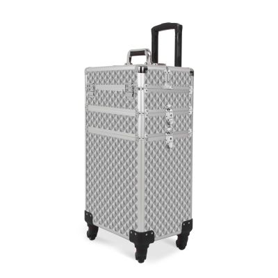 CAMORSA 3 In 1 Professional Rolling smetic Case, smetic Trolley Beauty Storage, Large Storage Makeup Train Casewith Keys Swivel Wheels for Artist Travel, Silver (0079)