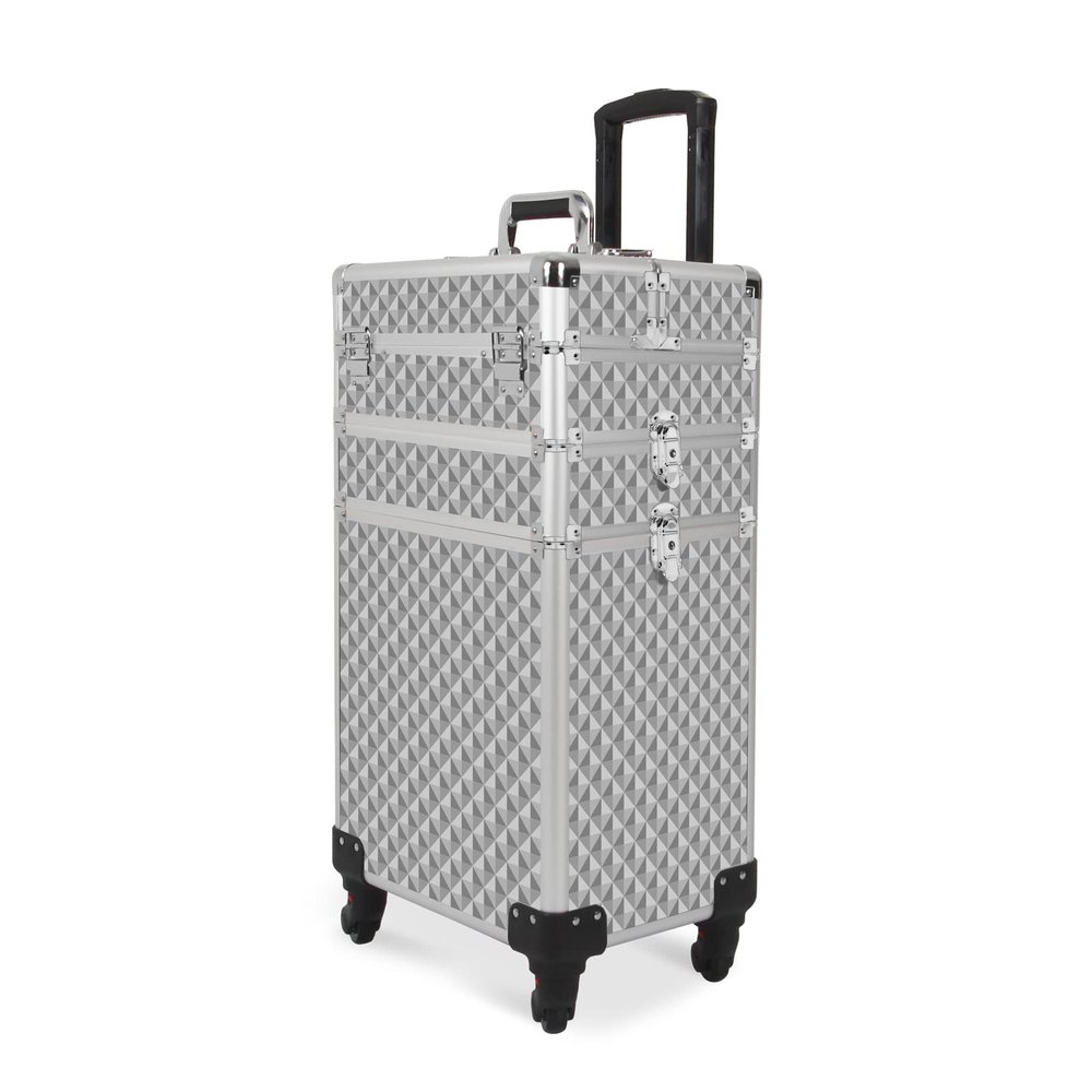 CAMORSA 3 In 1 Professional Rolling smetic Case, smetic Trolley Beauty Storage, Large Storage Makeup Train Casewith Keys Swivel Wheels for Artist Travel, Silver (0079)