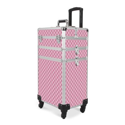 CAMORSA 3 In 1 Professional Rolling Cosmetic Case, Cosmetic Trolley Beauty Storage, Large Storage Makeup Train Casewith Keys Swivel Wheels for Artist Travel, Pink, (0079)