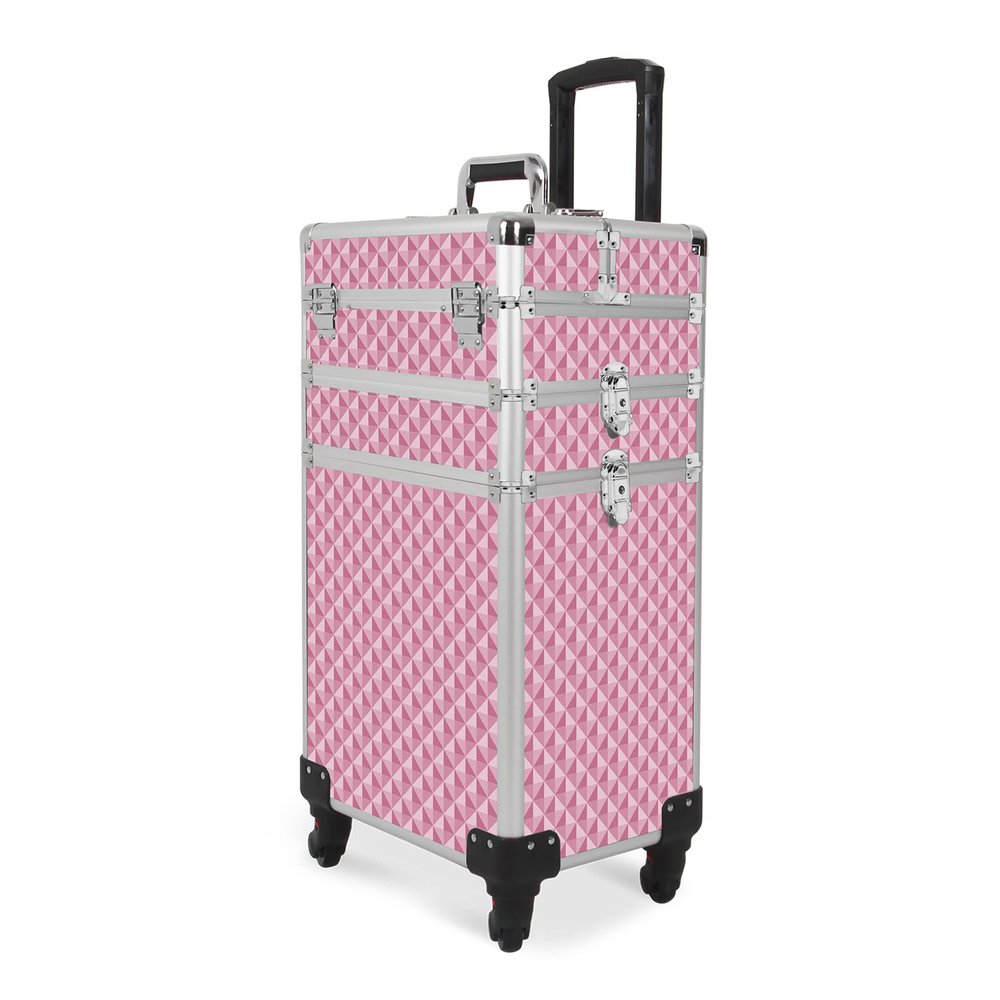CAMORSA 3 In 1 Professional Rolling Cosmetic Case, Cosmetic Trolley Beauty Storage, Large Storage Makeup Train Casewith Keys Swivel Wheels for Artist Travel, Pink, (0079)