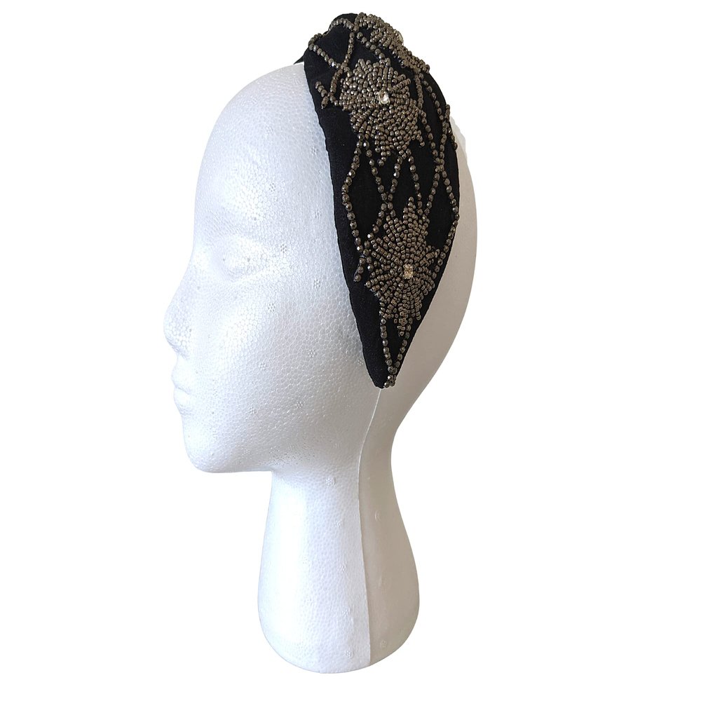 CRAFT BAZAAR Handmade Turban Knot Headband, Fashion Hairband With Beadwork Sequins Crystals Rhinestones For Women And Girls (Silk Black #1)