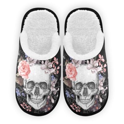 Umidedor Flower Skull Slippers For Women Girls, Soft Memory Foam Non-Slip Indoor House Slippers Home Shoes For Bedroom Hotel Travel Spa